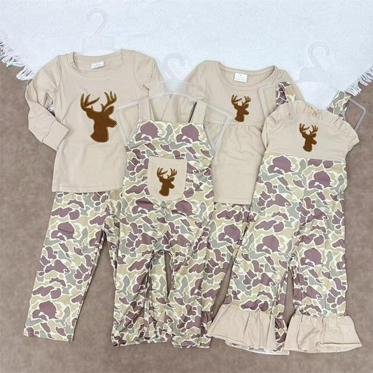 RTS NO MOQ Sibling baby girls boys clothes embroidery deer head Christmas long-sleeved suits and jumpsuits