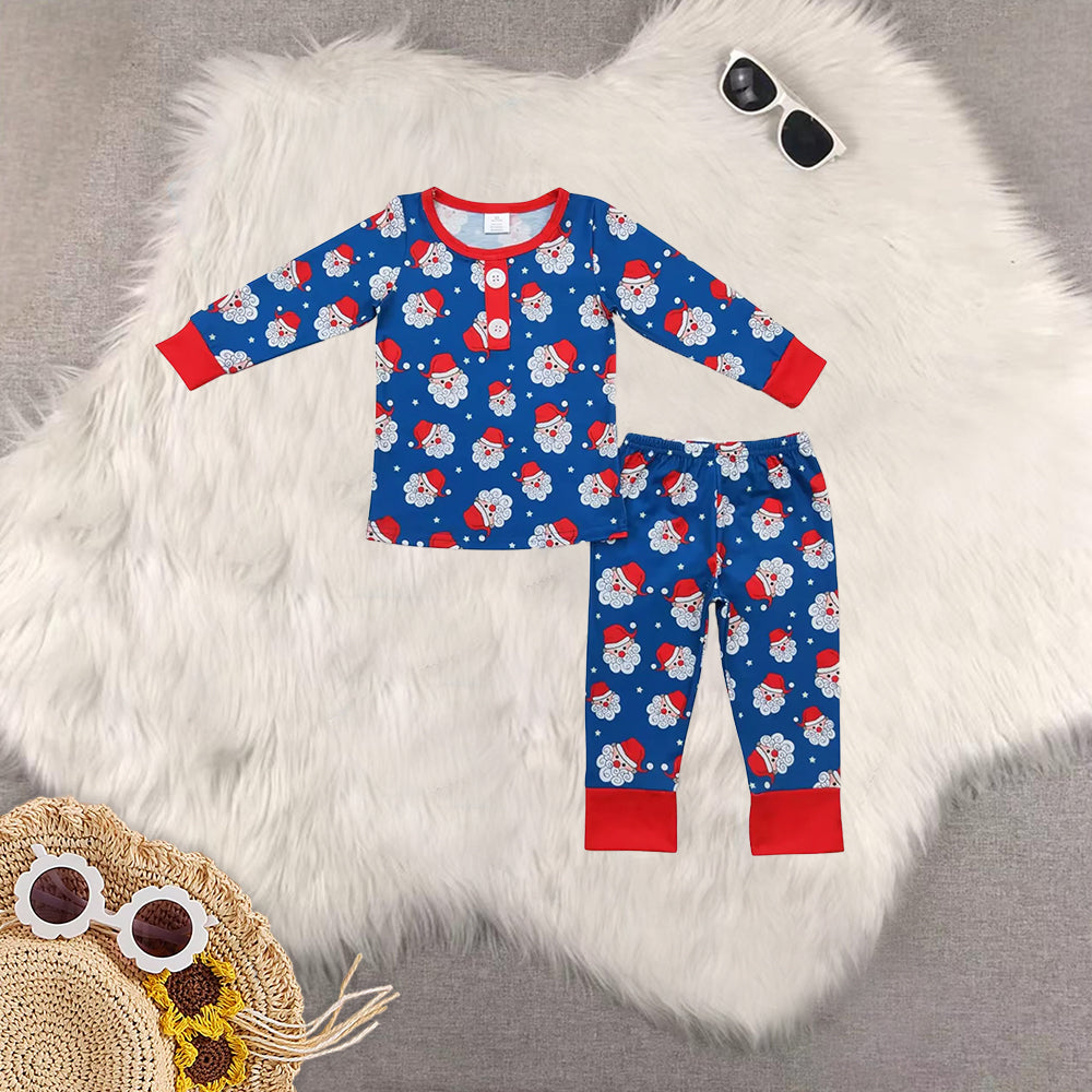 RTS NO MOQ Sibling baby girl boy clothes navy blue Christmas Santa Claus button long sleeves pants sets
