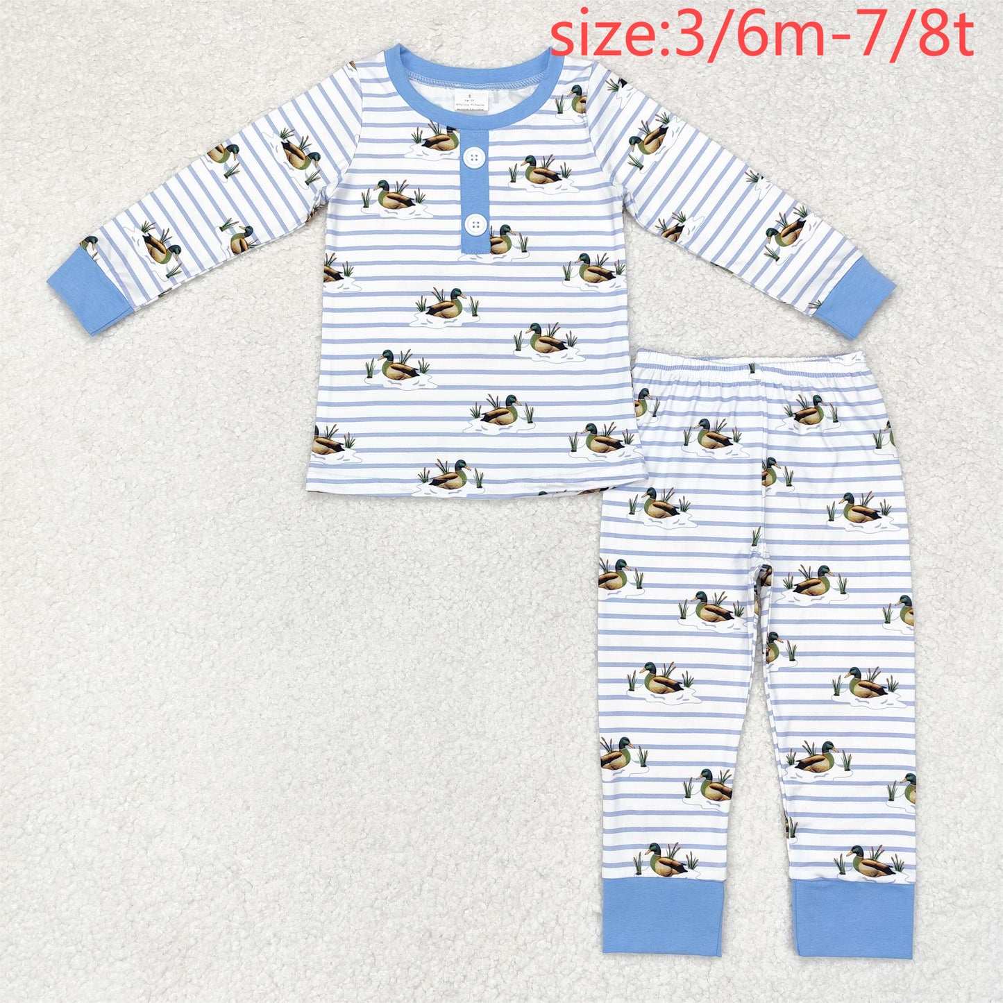 RTS NO MOQ（In Stock ) Duck blue striped white long-sleeved long pants pajama set