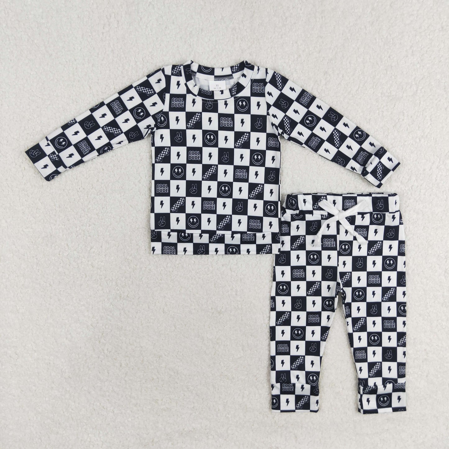 RTS NO MOQ（In Stock) BLP0567 Smiley Skateboard Lightning Black and White Plaid Long Sleeve Long Pants Set