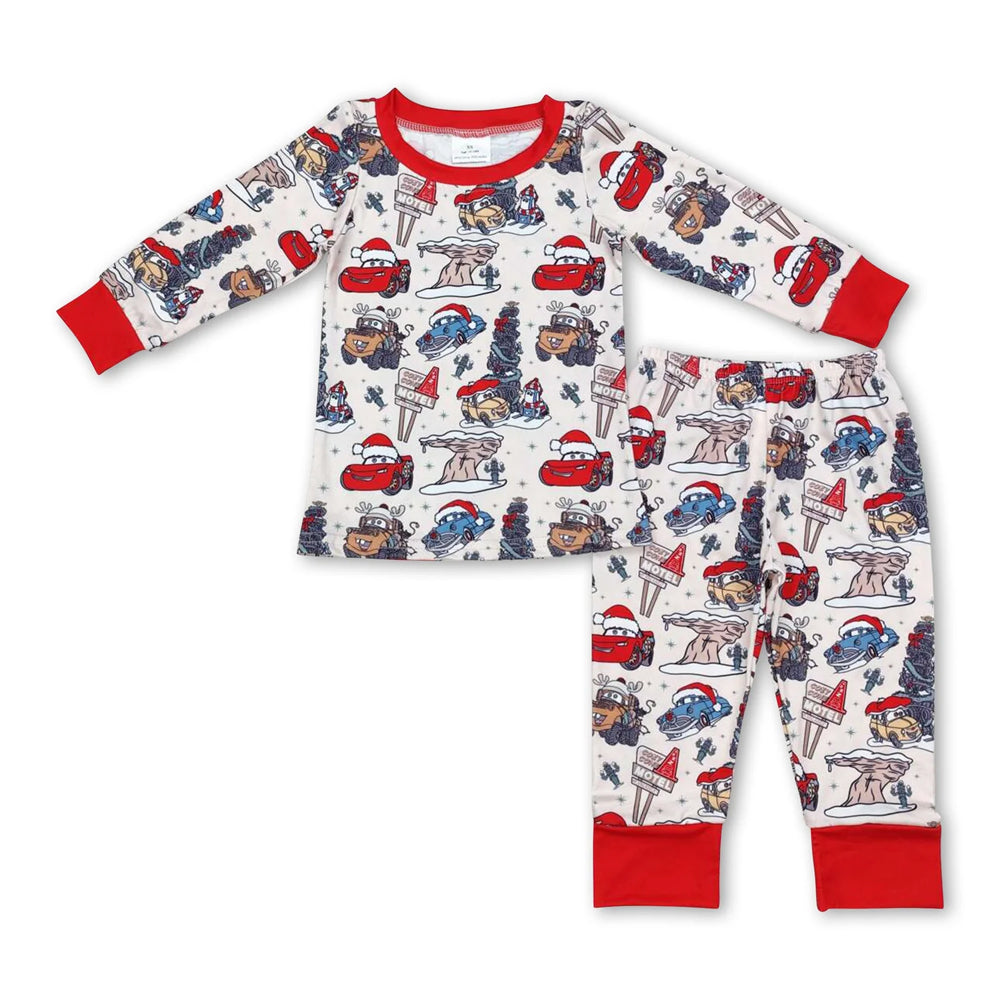 RTS NO MOQ Sibling milk silk Baby Boys Cute Truck Christmas Tree Bamboo Pajama Top Pants Sleep Clothes Sets