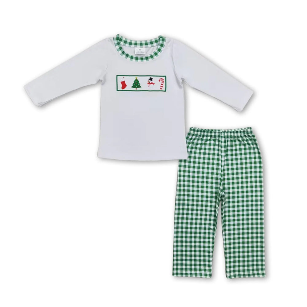 RTS NO MOQ Sibling milk silk Baby Boys Cute Blue Striped Santa Print Top Pants Holiday Photo Matching Outfit Sets