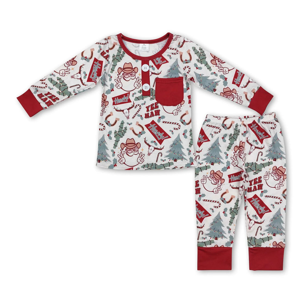 RTS NO MOQ Sibling milk silk Baby Boys Cute Western Christmas Tree Print Top Pants Holiday Photo Matching Pajamas Sets