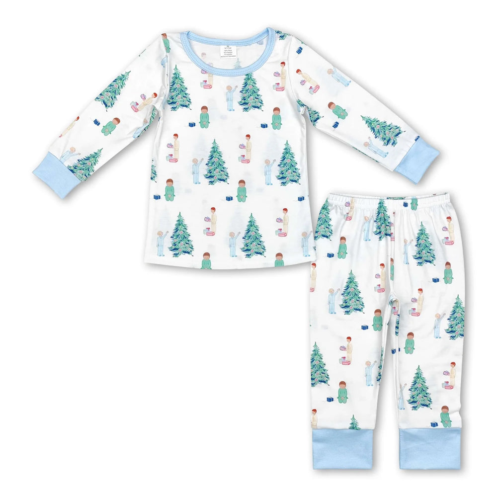 RTS NO MOQ Sibling milk silk Cute Clothes Baby Boys Cute Christmas Print Long Sleeve Top Elastic Waist Pants Two Piece Holiday Pajamas Sets