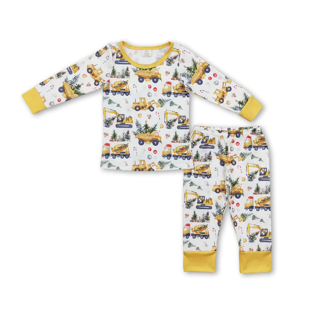 RTS NO MOQ Sibling milk silk Baby Boys Cute Truck Christmas Tree Bamboo Pajama Top Pants Sleep Clothes Sets