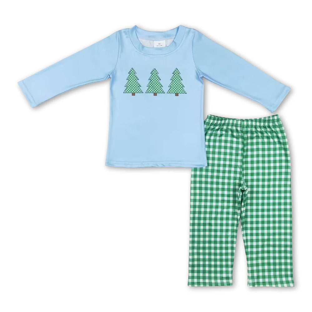 RTS NO MOQ Sibling milk silk Baby Boys Cute Christmas Tree Print Top Checkered Trousers Holiday Clothes