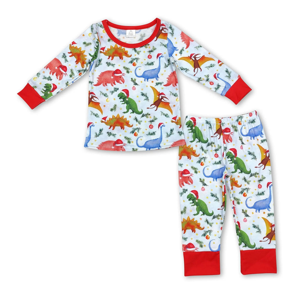 RTS NO MOQ Sibling milk silk Baby Boys Bamboo Christmas Dinosaur Print Top Pants Matching Pajamas Sets