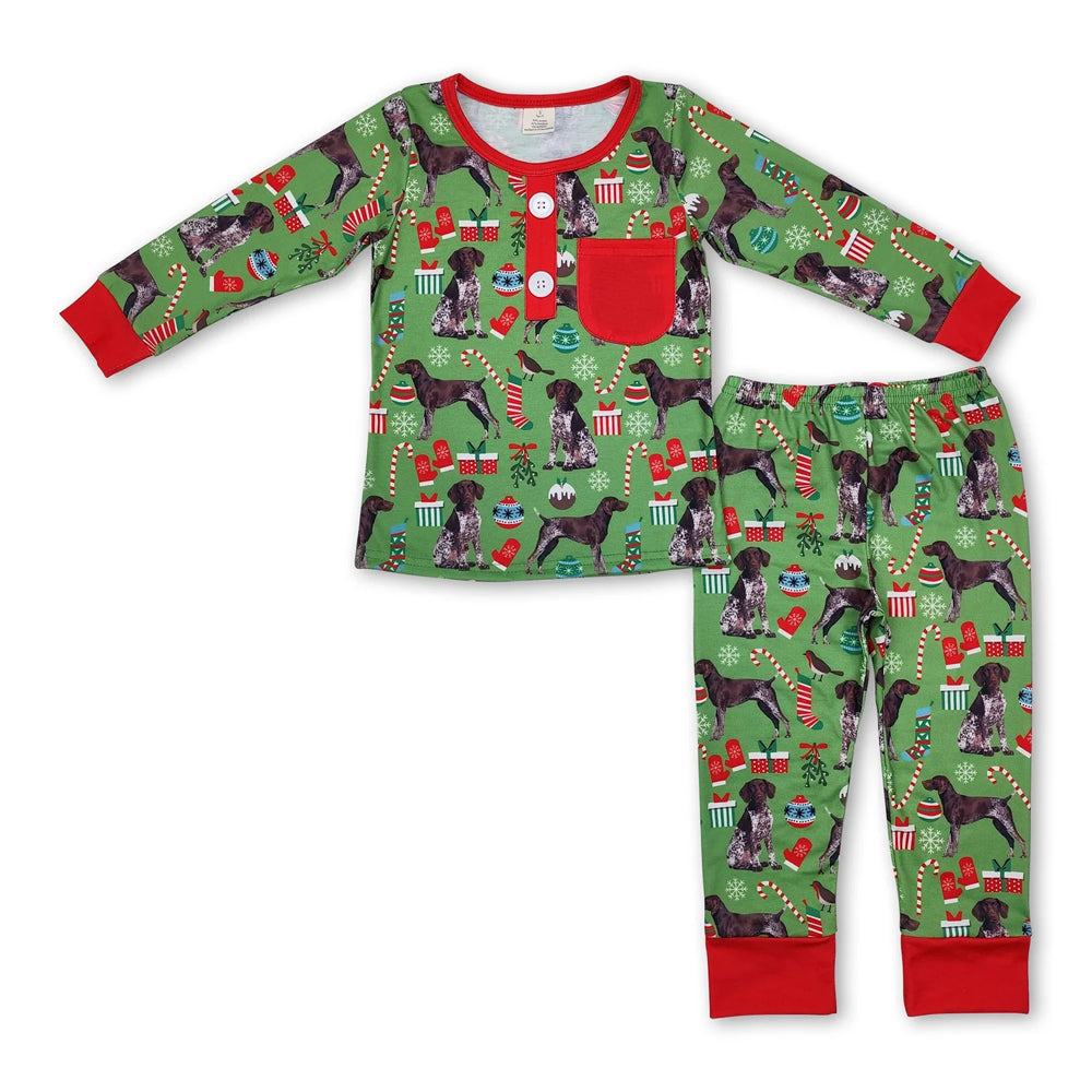RTS NO MOQ Sibling milk silk Baby Boys Bamboo Christmas Dog Print Top Pants Pajamas Sets