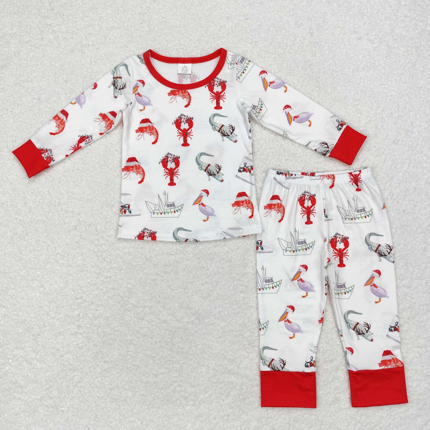 RTS NO MOQ（In Stock) Modal ship crayfish crocodile red and white long-sleeved long pants pajama set
