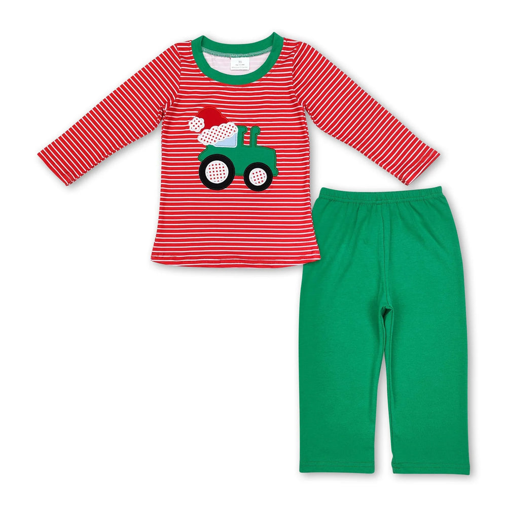 RTS NO MOQ Sibling milk silk Baby Boys Cute Truck Christmas Tree Bamboo Pajama Top Pants Sleep Clothes Sets
