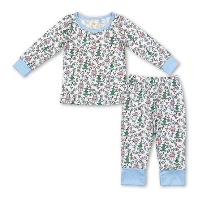 RTS NO MOQ Sibling milk silk Baby Boys Cute Christmas Tree And Star Long Sleeve Two Piece Bamboo Sleepwear Outfit