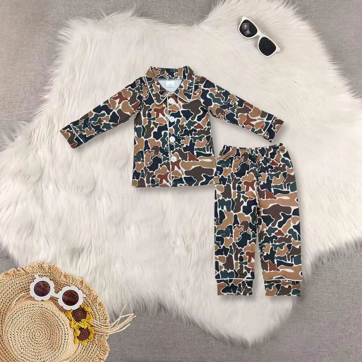 RTS NO MOQ Sibling baby boy clothes Camouflage Button Cardigan Long Sleeve Pajama Set