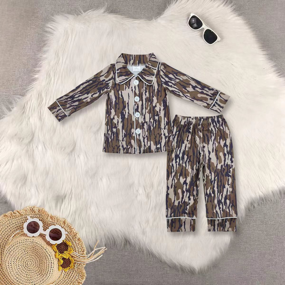 RTS NO MOQ Sibling baby boy clothes Camouflage Button Cardigan Long Sleeve Pajama Set