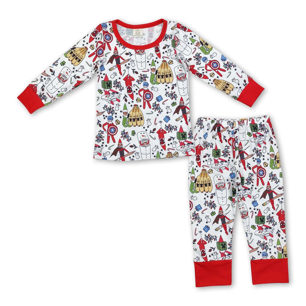 RTS NO MOQ Sibling milk silk Cute Clothes Baby Boys Cute Christmas Print Long Sleeve Top Elastic Waist Pants Two Piece Holiday Pajamas Sets