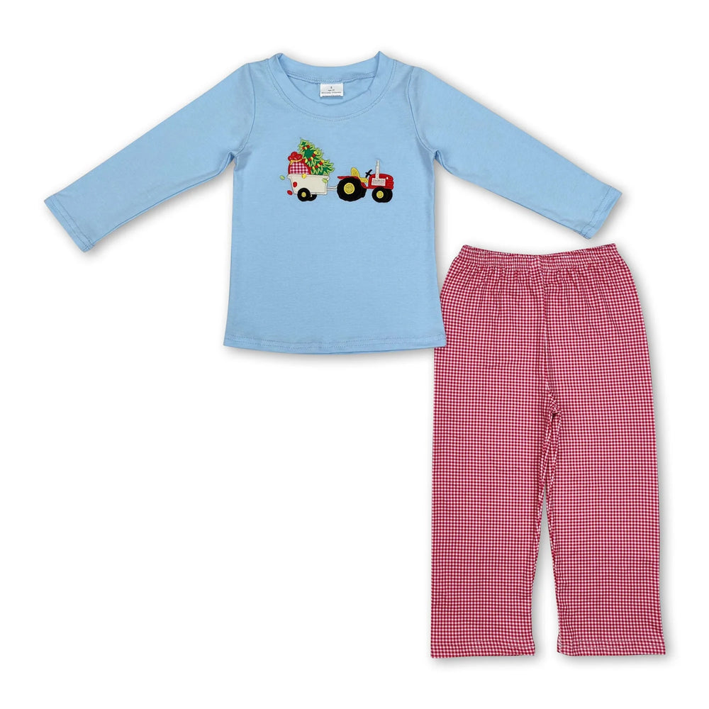 RTS NO MOQ Sibling milk silk Baby Boys Cute Truck Christmas Tree Bamboo Pajama Top Pants Sleep Clothes Sets