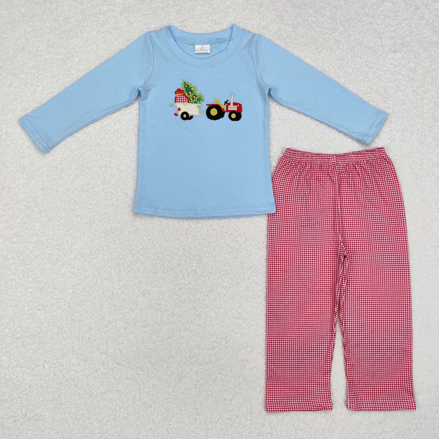 RTS NO MOQ ETA 5/7days Arrived BLP0745 Embroidered Christmas tree tractor blue long sleeve red plaid trousers set
