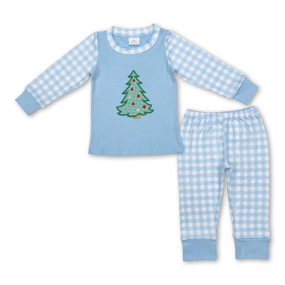 RTS NO MOQ Sibling milk silk Baby Boys Cute Christmas Tree Print Top Checkered Trousers Holiday Clothes