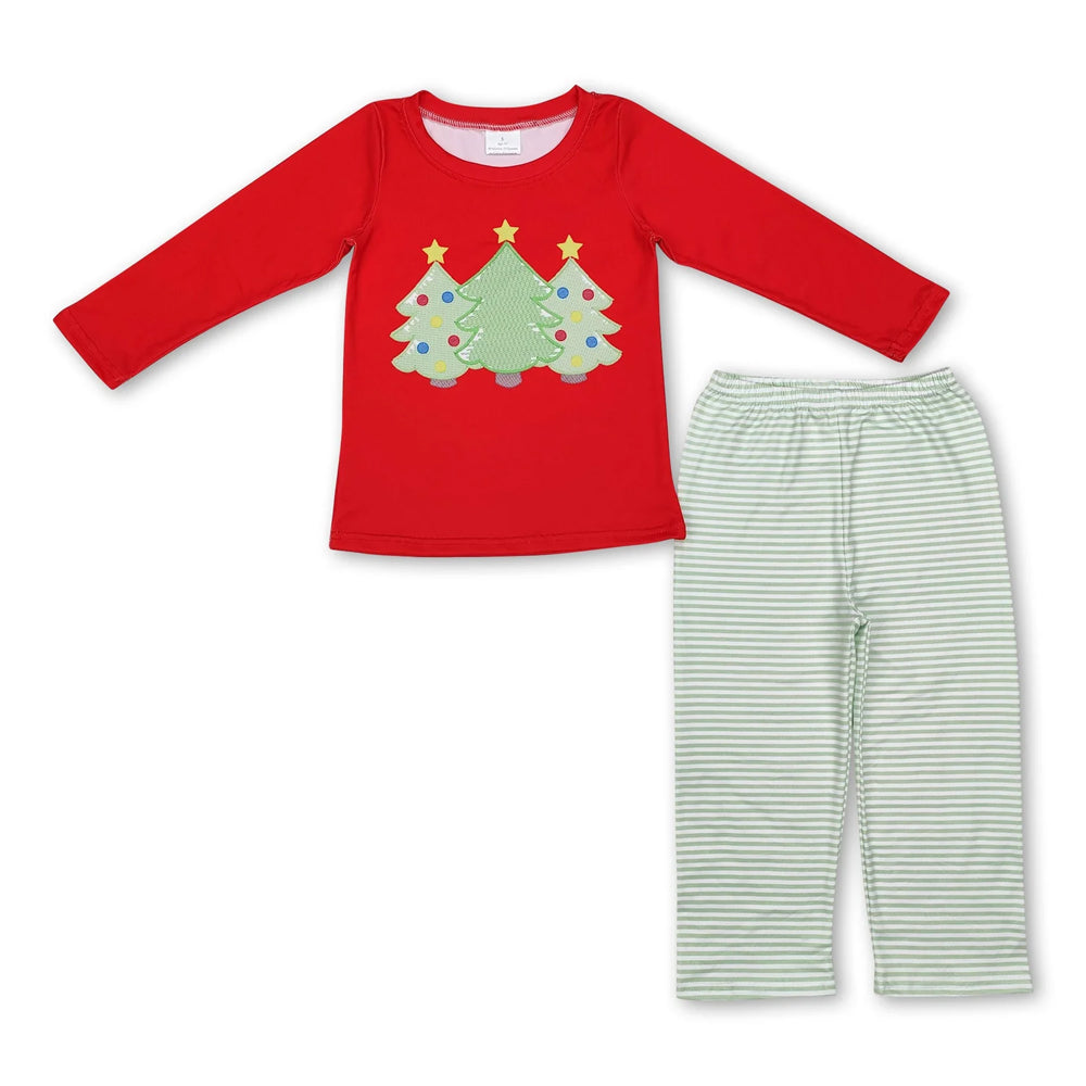 RTS NO MOQ Sibling milk silk Baby Boys Cute Christmas Tree Print Top Checkered Trousers Holiday Clothes