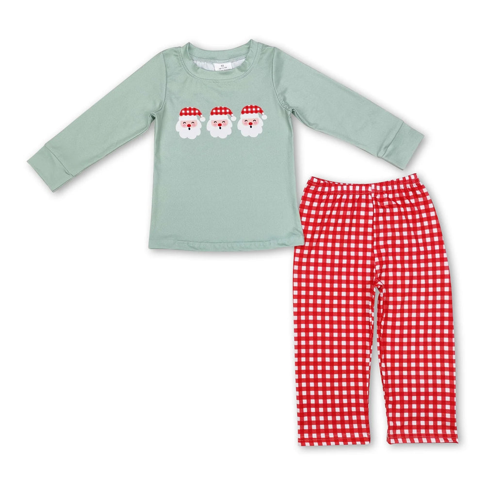 RTS NO MOQ Sibling milk silk Baby Boys Cute Blue Striped Santa Print Top Pants Holiday Photo Matching Outfit Sets