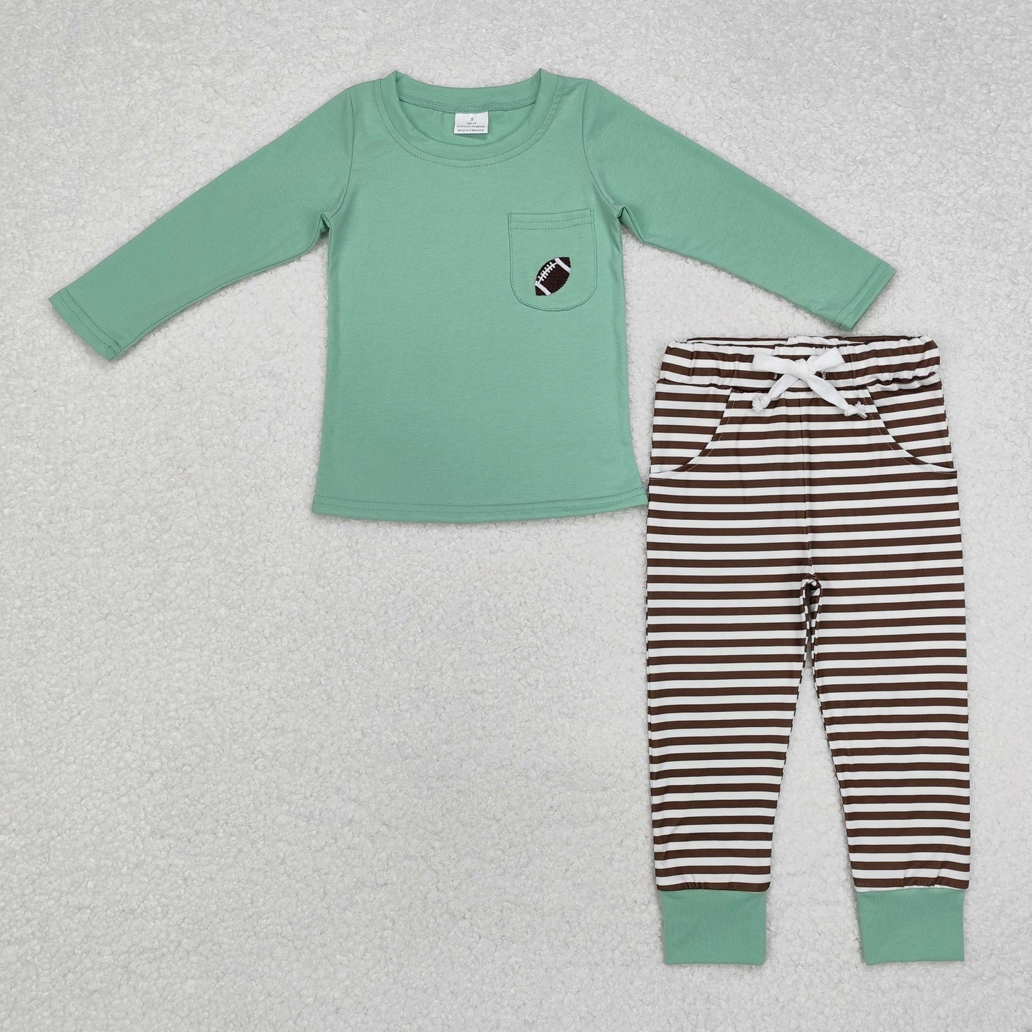 RTS NO MOQ（In Stock) BLP0793 Embroidered rugby pocket green long sleeve brown striped trousers set