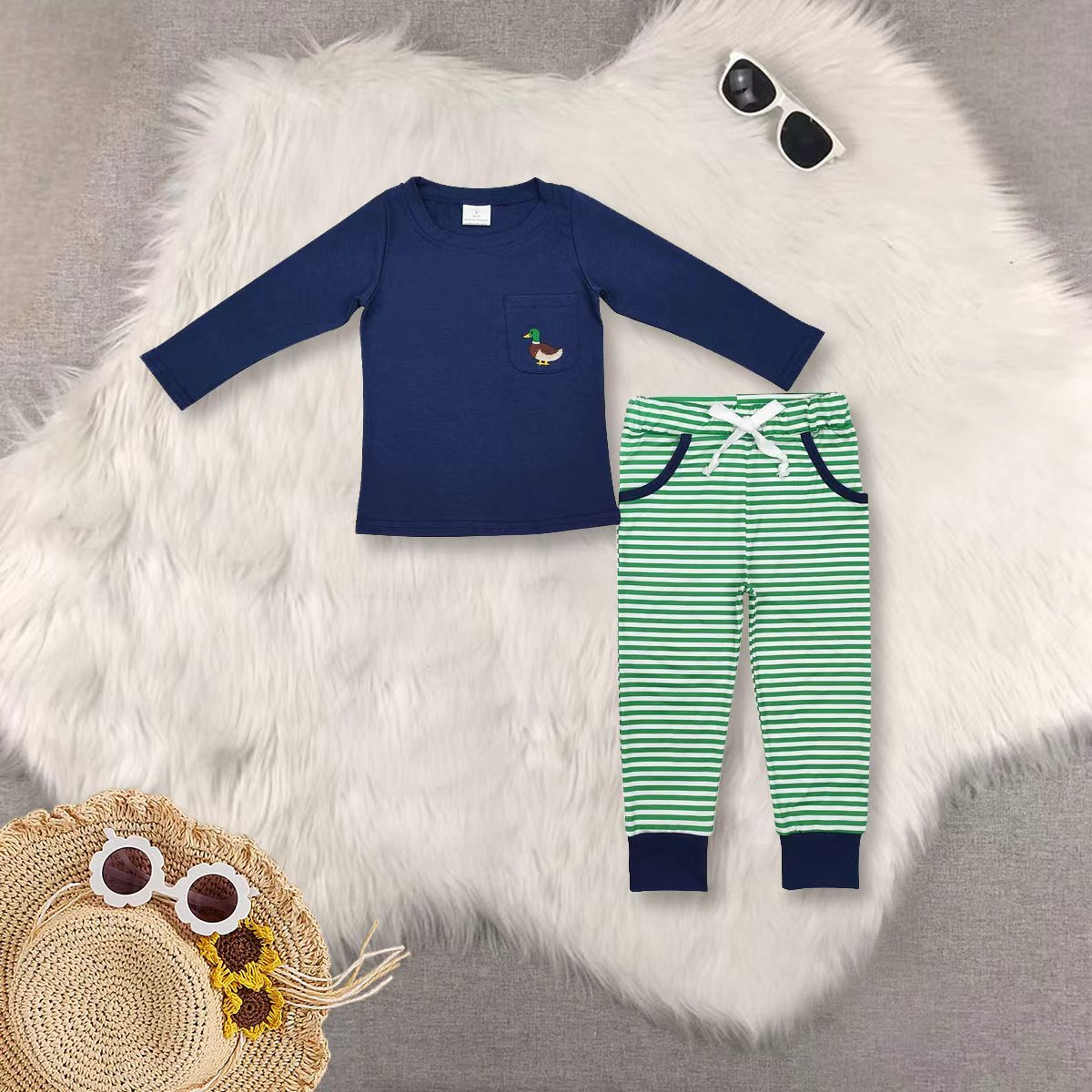 RTS NO MOQ Sibling baby boy clothes embroidery duck long-sleeved suits