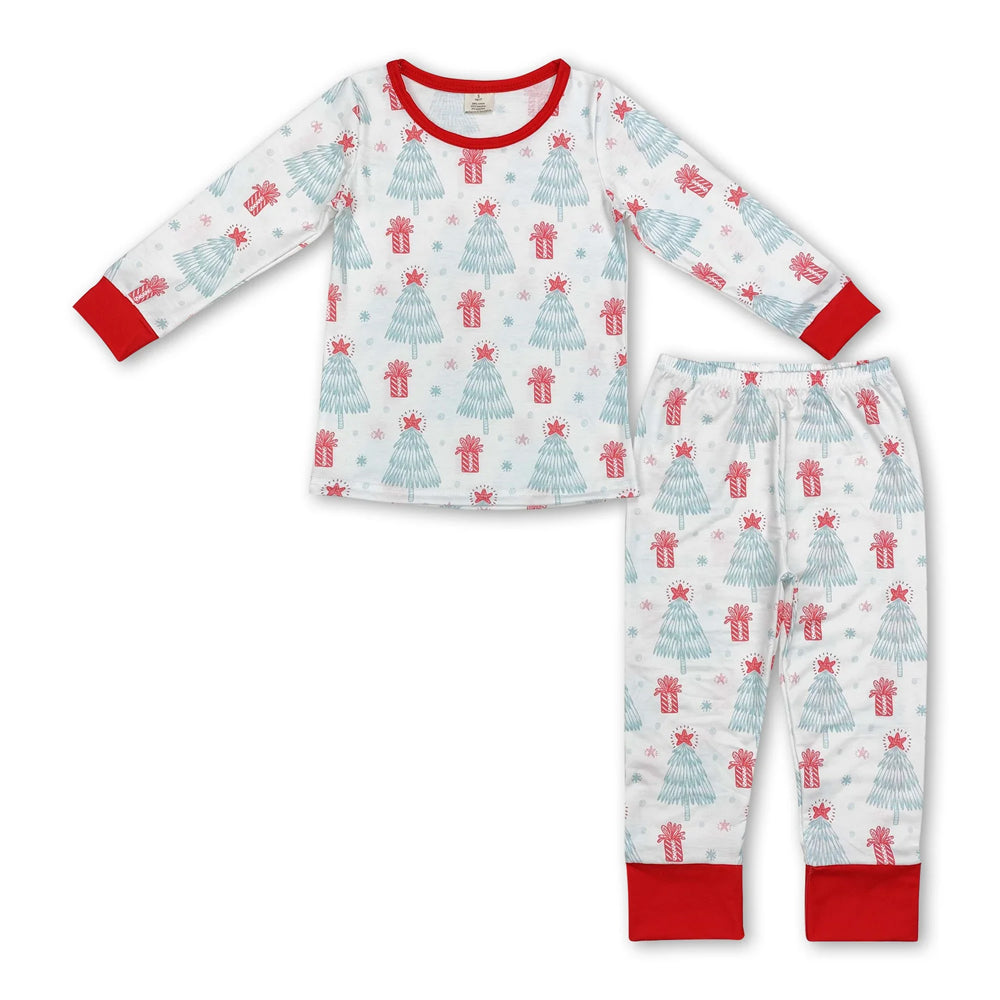 RTS NO MOQ Sibling milk silk Baby Boys Cute Christmas Tree Print Top Checkered Trousers Holiday Clothes