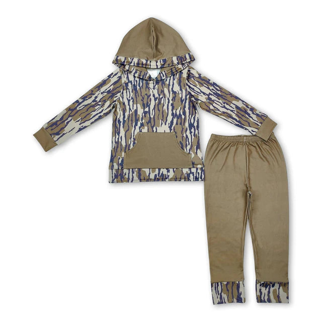 RTS NO MOQ Sibling milk silk Baby Boys Southern Wood Camo Hooded Top Pants Hunting Clothes Pullovers Sets