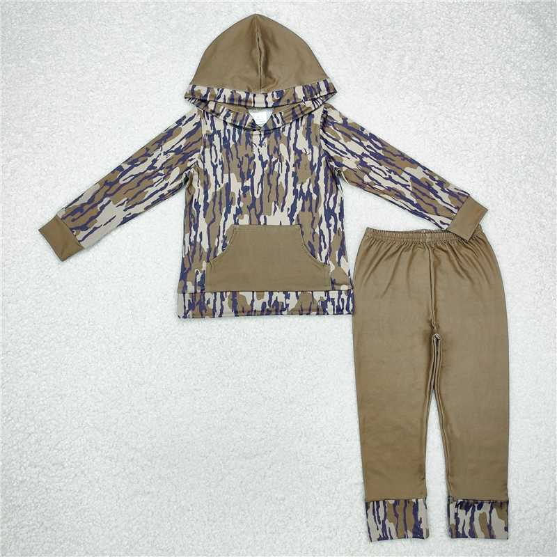 RTS NO MOQ Sibling milk silk Baby Boys Camo Zip Long Sleeve Hoodie And Pants Set