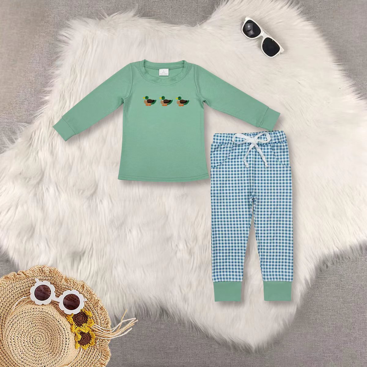 RTS NO MOQ Sibling baby boy clothes embroidery duck long-sleeved suits