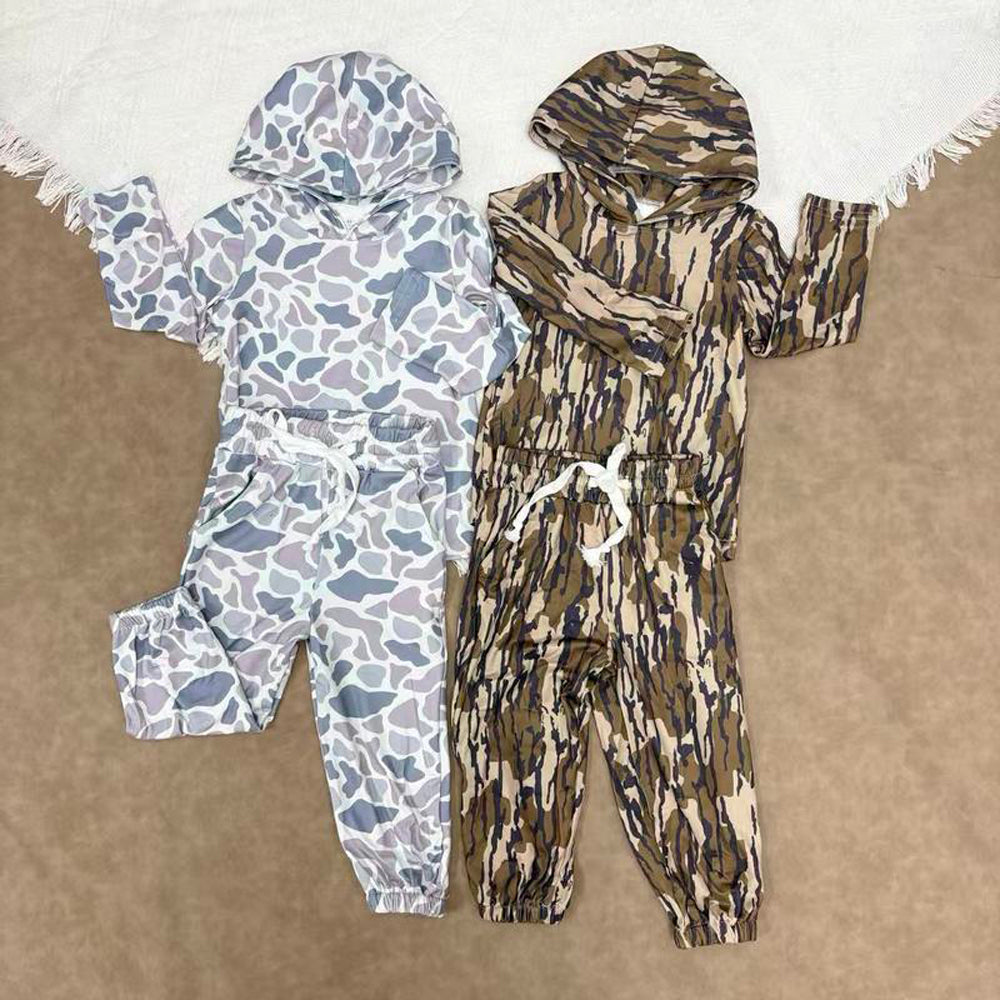 RTS NO MOQ Sibling Baby boy camouflage hoodedTop Bell Pants Clothes Sets