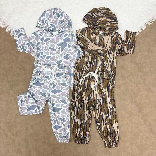 RTS NO MOQ Sibling Baby boy camouflage hoodedTop Bell Pants Clothes Sets