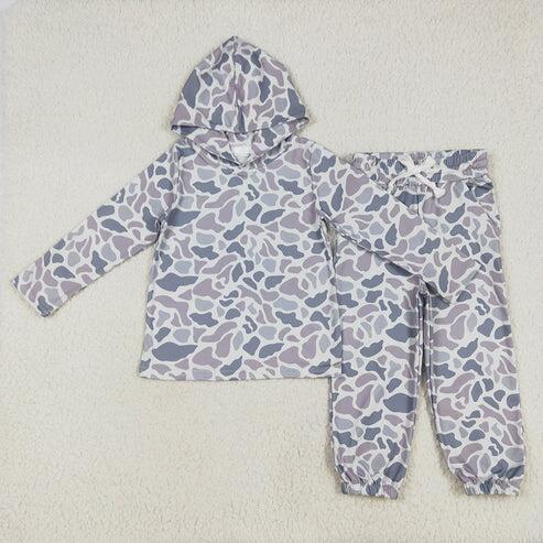 RTS NO MOQ Sibling Baby Boys Light Grey Camouflage Long Sleeve Hooded Tops Pants And Zip Rompers Clothing Set