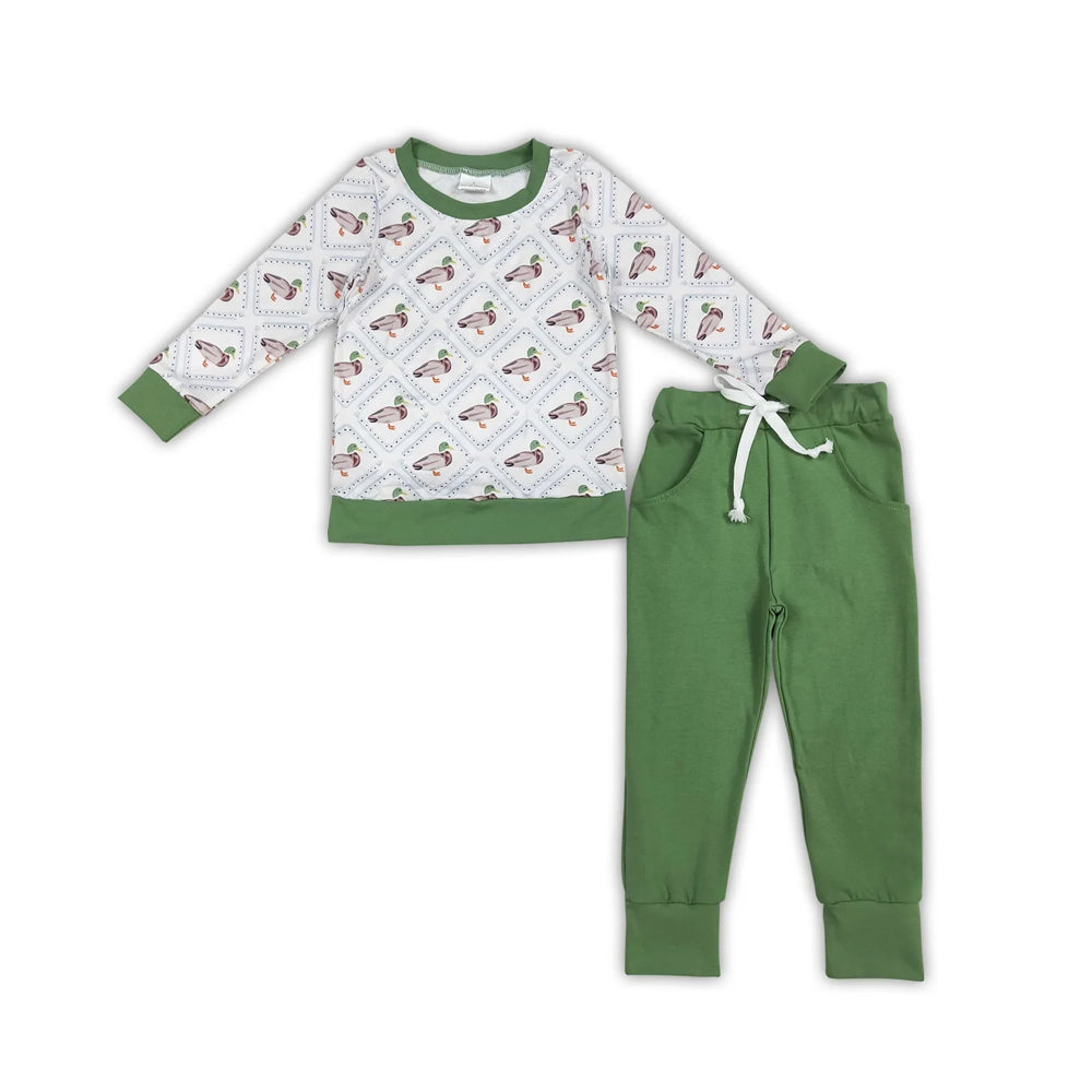RTS NO MOQ Sibling milk silk Baby Boys Duck Print Long Sleeve Top Green Jogger Pant Set Zipper Romper