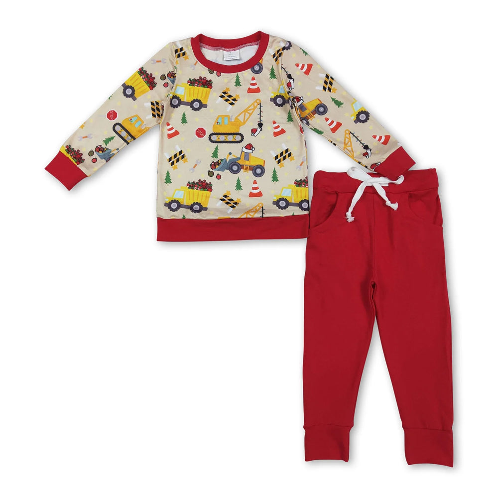 RTS NO MOQ Sibling milk silk Baby Boys Cute Truck Christmas Tree Bamboo Pajama Top Pants Sleep Clothes Sets