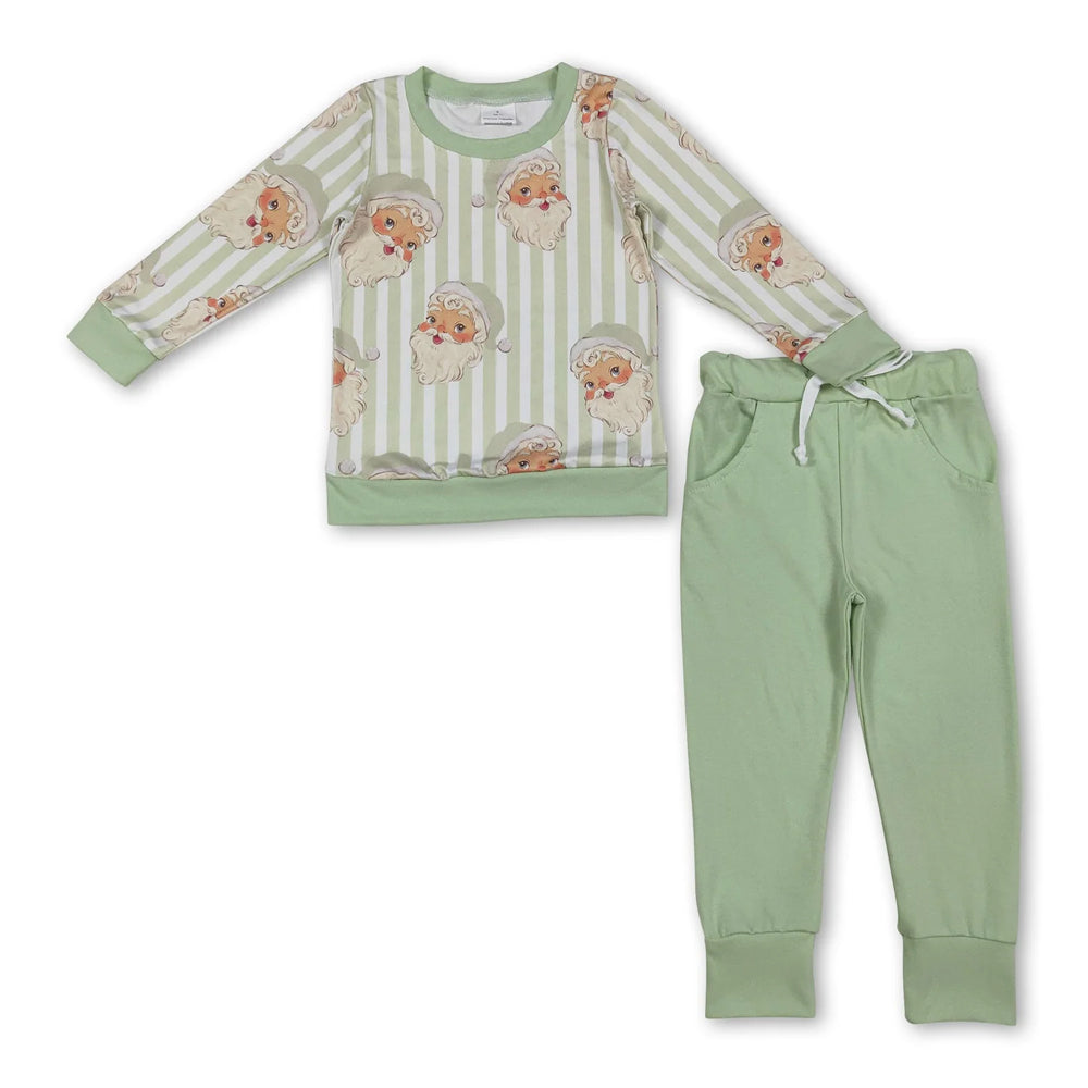 RTS NO MOQ Sibling milk silk Baby Boys Cute Embroidery Santa Green Pocket Top Striped Leggings Christmas Clothes Sets