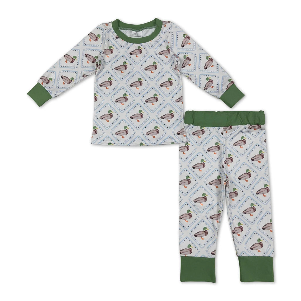 RTS NO MOQ Sibling milk silk Baby Boys Duck Print Long Sleeve Top Green Jogger Pant Set Zipper Romper