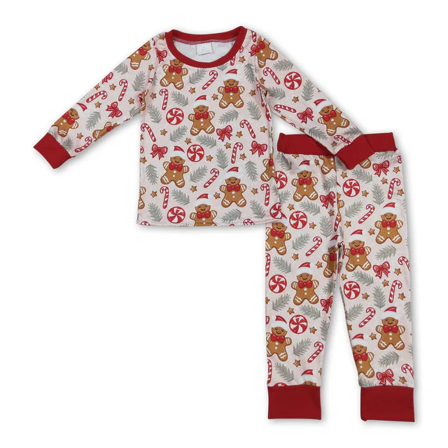 RTS NO MOQ Sibling milk silk Baby Boys Cute Red Gingerbread And Candy Cane Print Christmas Pajama Set