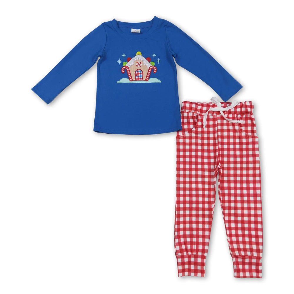 RTS NO MOQ Sibling milk silk Baby Boys Cute Embroidery Santa Green Pocket Top Striped Leggings Christmas Clothes Sets