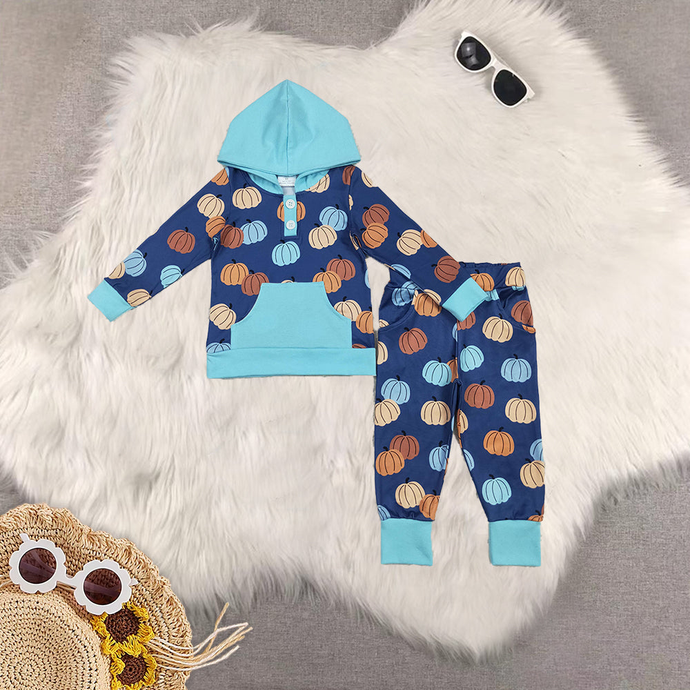 RTS NO MOQ Sibling Baby boy clothes halloween pumpkin hooded long-sleeved trousers suit & romper