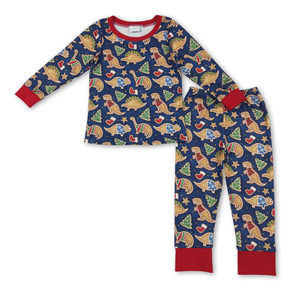RTS NO MOQ Sibling milk silk Baby Boys Bamboo Christmas Dinosaur Print Top Pants Matching Pajamas Sets