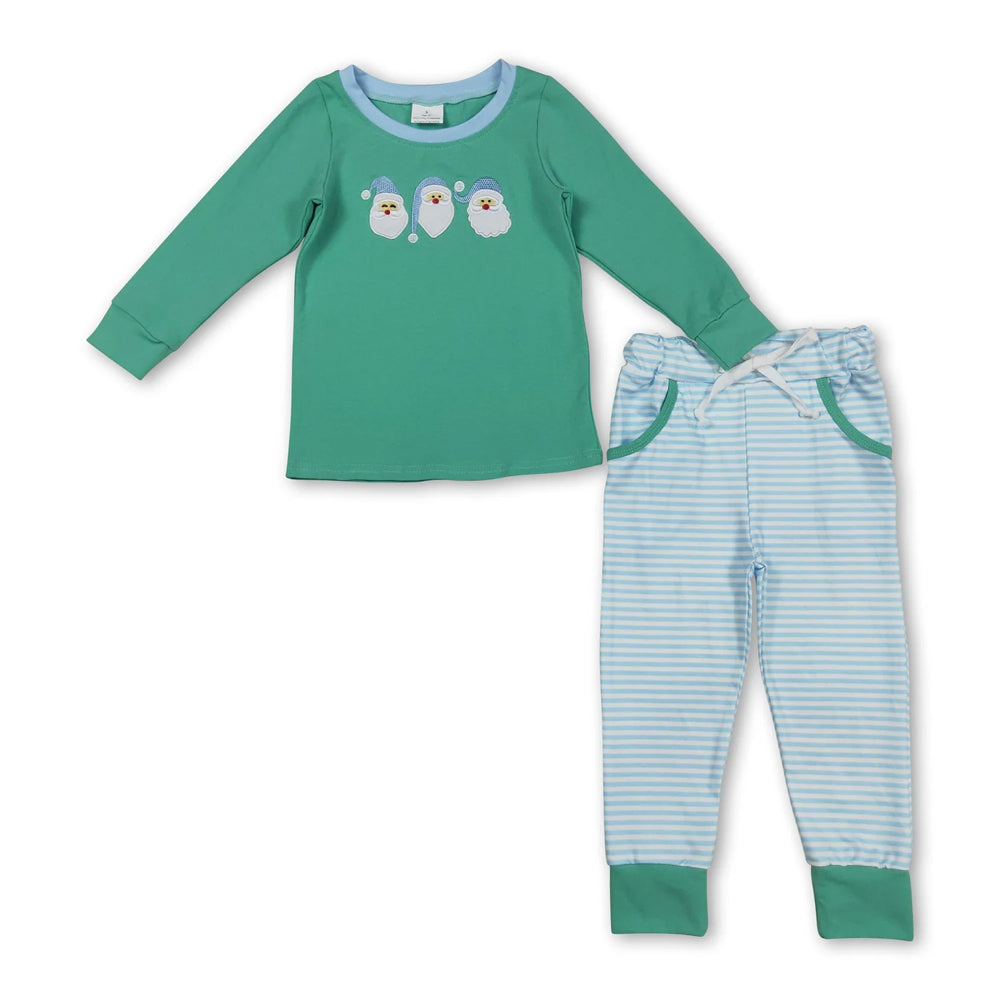 RTS NO MOQ Sibling milk silk Baby Boys Cute Embroidery Santa Green Pocket Top Striped Leggings Christmas Clothes Sets
