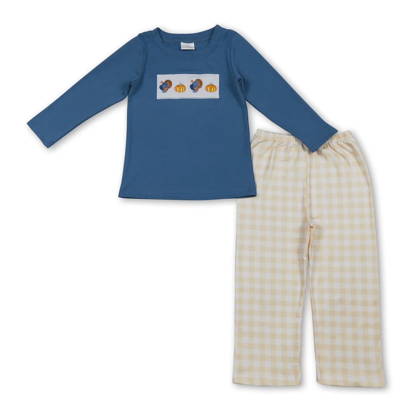 RTS NO MOQ Sibling milk silk Baby Girls And Boys Cute Embroidery Turkey And Pumpkins Plaid Pants Thanksgiving Clothes Set Rompers