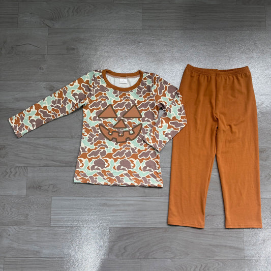 (Sample) No moq milk silk BLP1193 Baby Boys Fall Western Brown Camo Ghost Pumpkin Crew Neck Long Sleeve Tee Pants Casual Clothes Set
