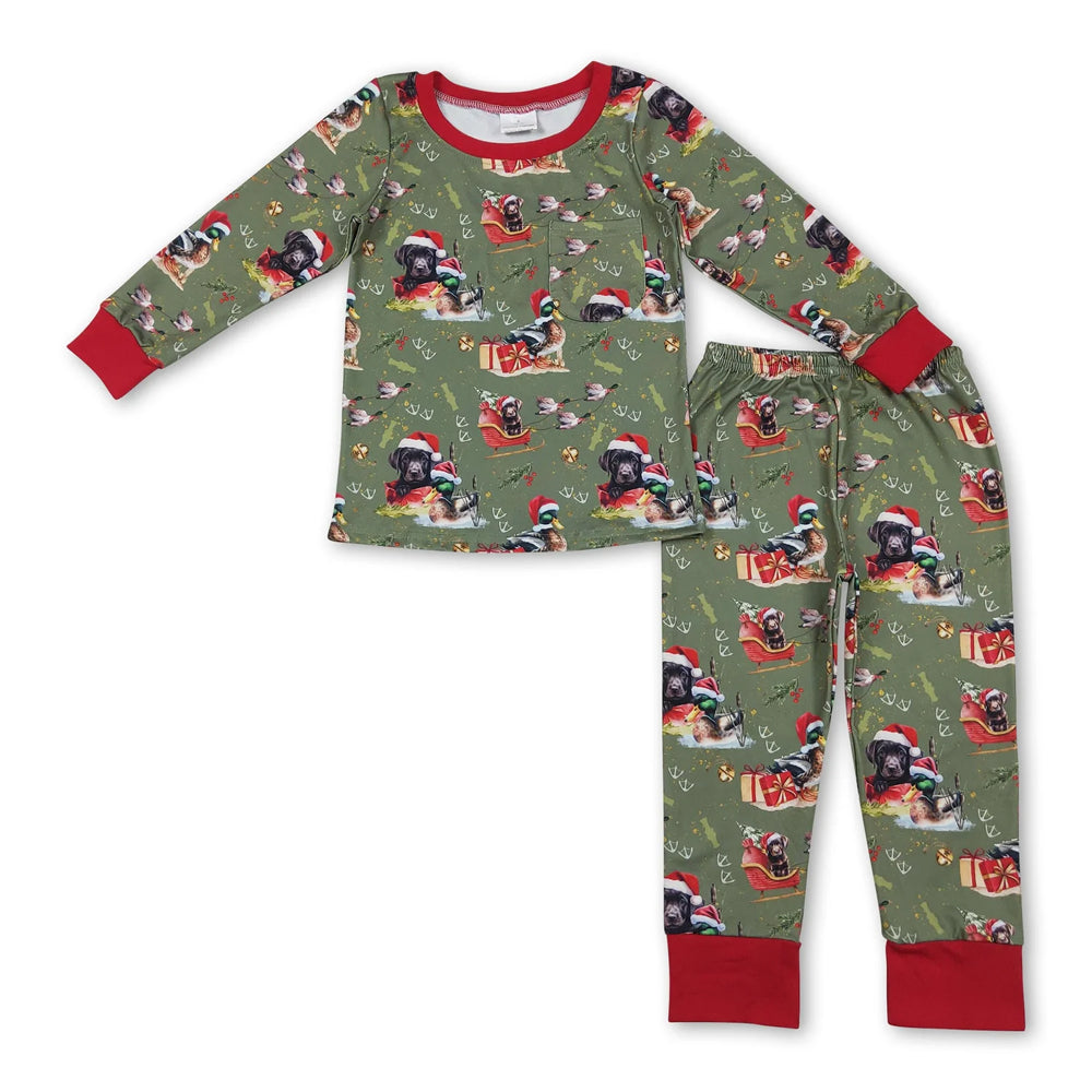 RTS NO MOQ Sibling milk silk Baby Boys Bamboo Christmas Dog Print Top Pants Pajamas Sets