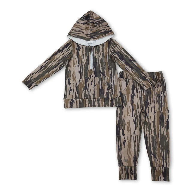 RTS NO MOQ Sibling milk silk Baby Boys Camo Zip Long Sleeve Hoodie And Pants Set
