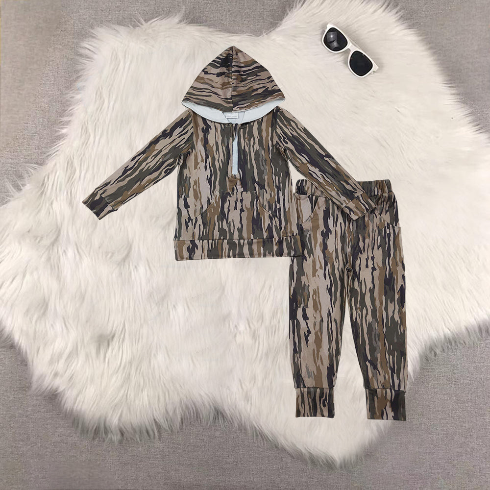 RTS NO MOQ Sibling baby boy clothes Light brown and green camouflage pocket zip-up long-sleeved trousers sets