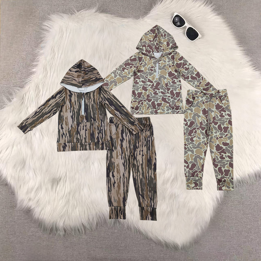 RTS NO MOQ Sibling baby boy clothes Light brown and green camouflage pocket zip-up long-sleeved trousers sets