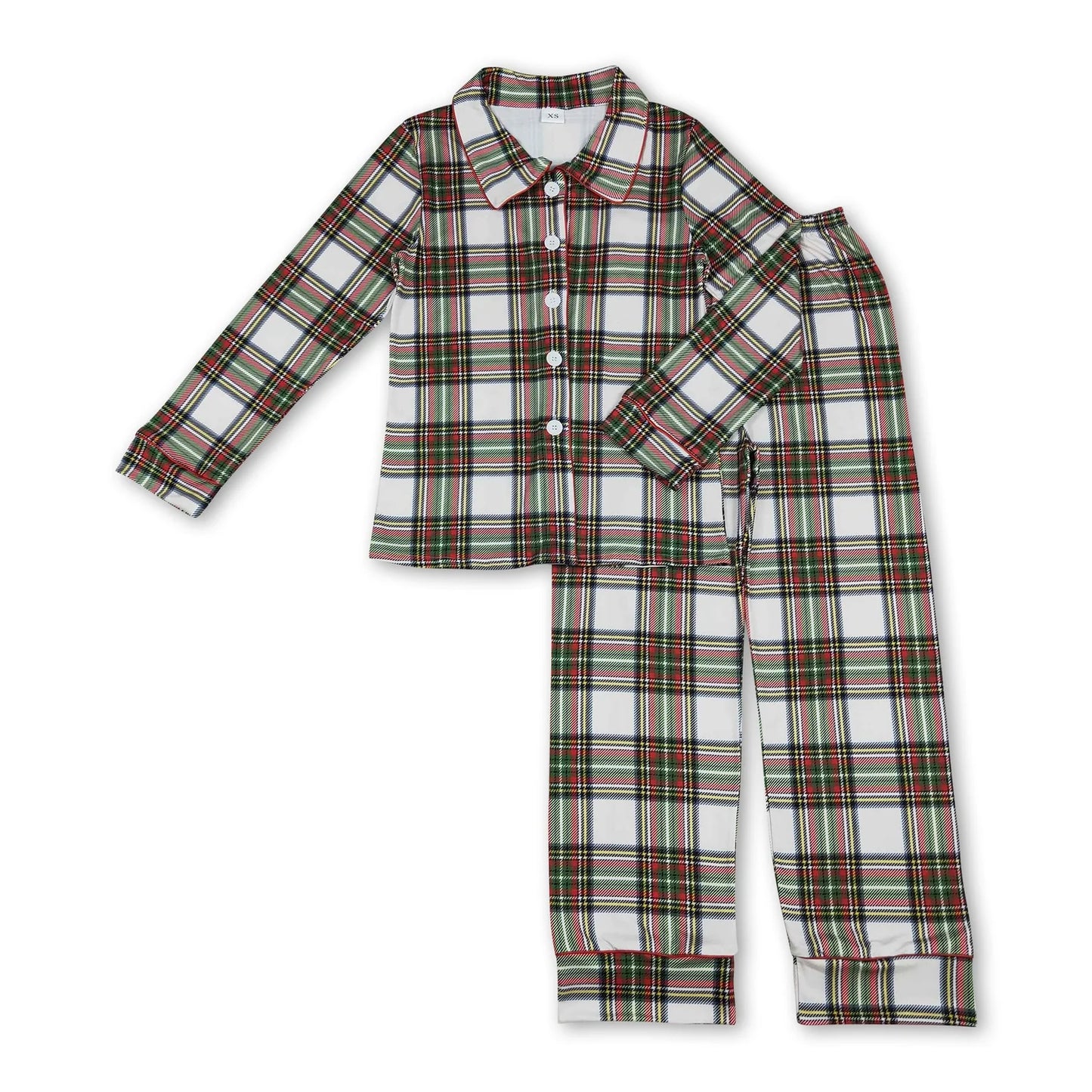 RTS NO MOQ milk silk Sibling Christmas Adult To Match Kids Green And Red Plaid Check Long Sleeve Top Elastic Waist Pants Christmas Pajama Set