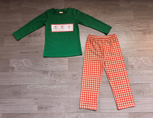 (Sample) No moq milk silk BLP1288 Embroidery Baby Boys Christmas Santa Green Shirt Top Red Checked Leggings Sets