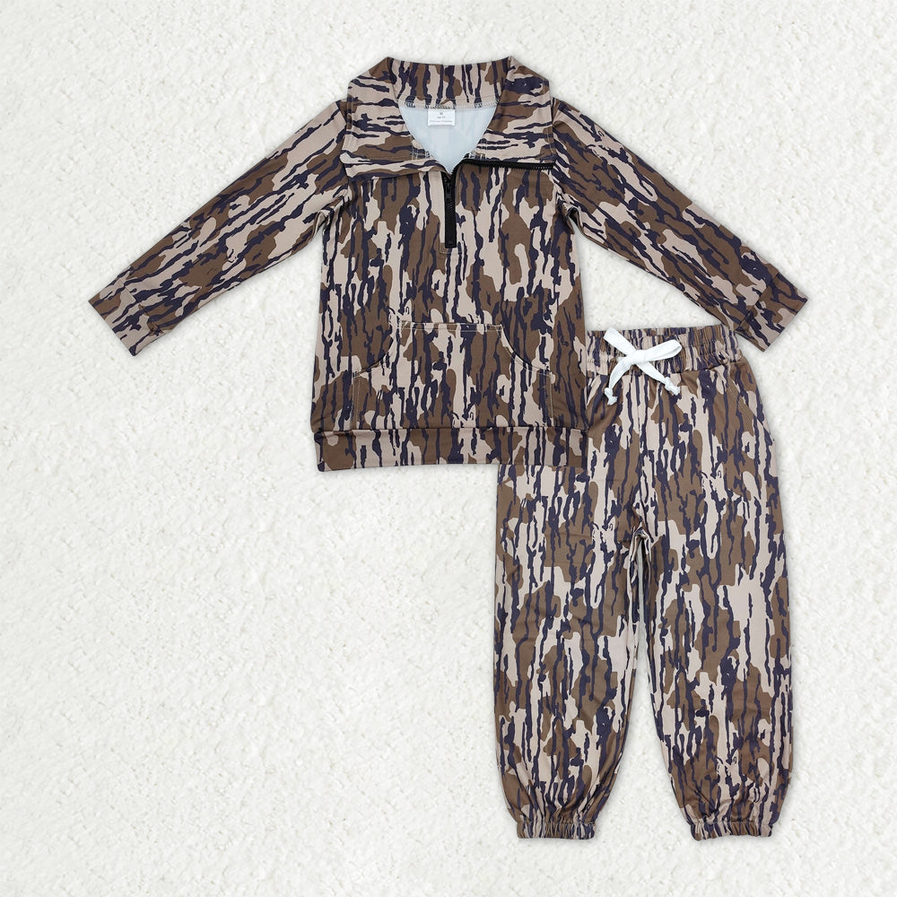 RTS NO MOQ Baby Boys Olive Camo Long Sleeves Zipper Pullover Pocket Jogger Pants Clothes Set